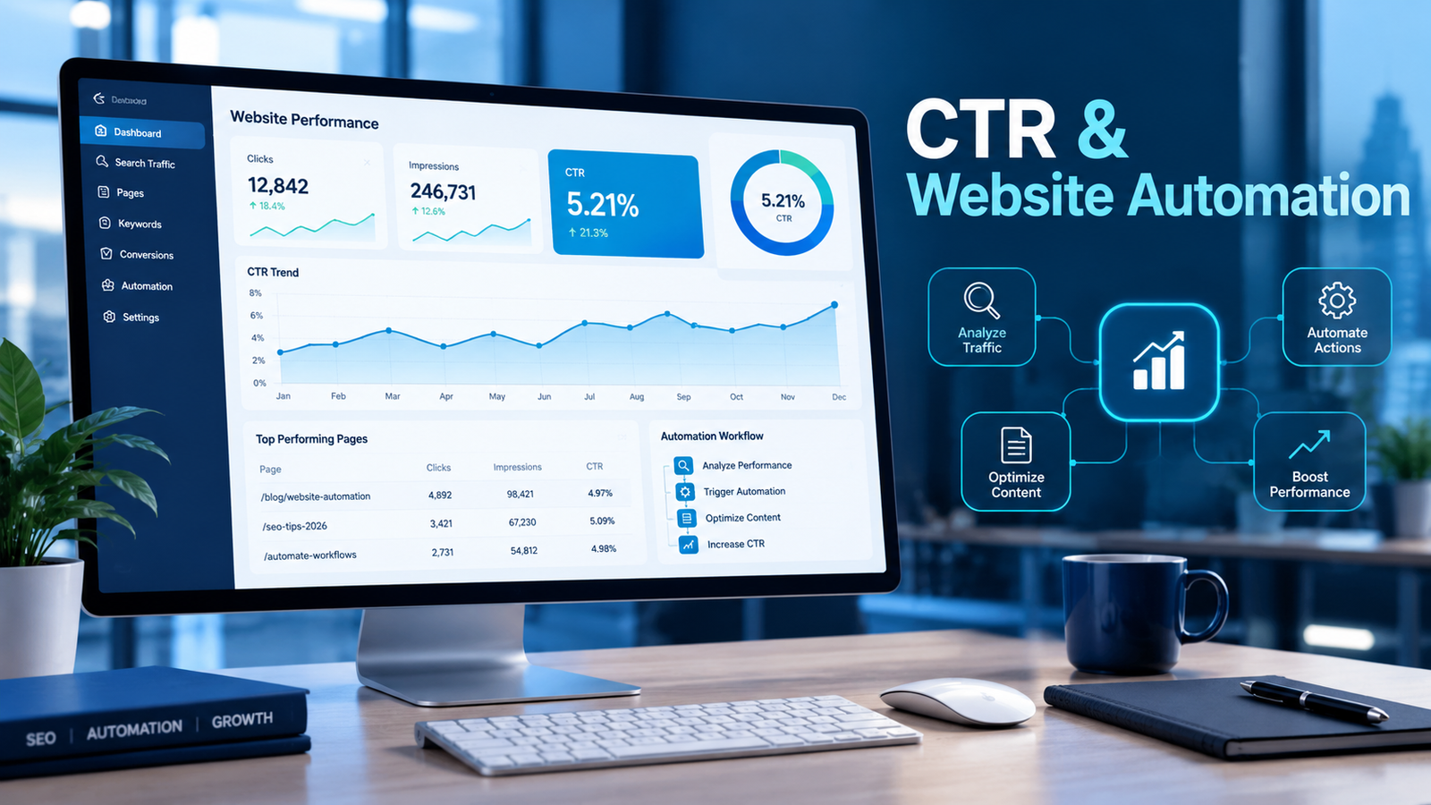 CTR analytics dashboard showing clicks, impressions and website automation performance