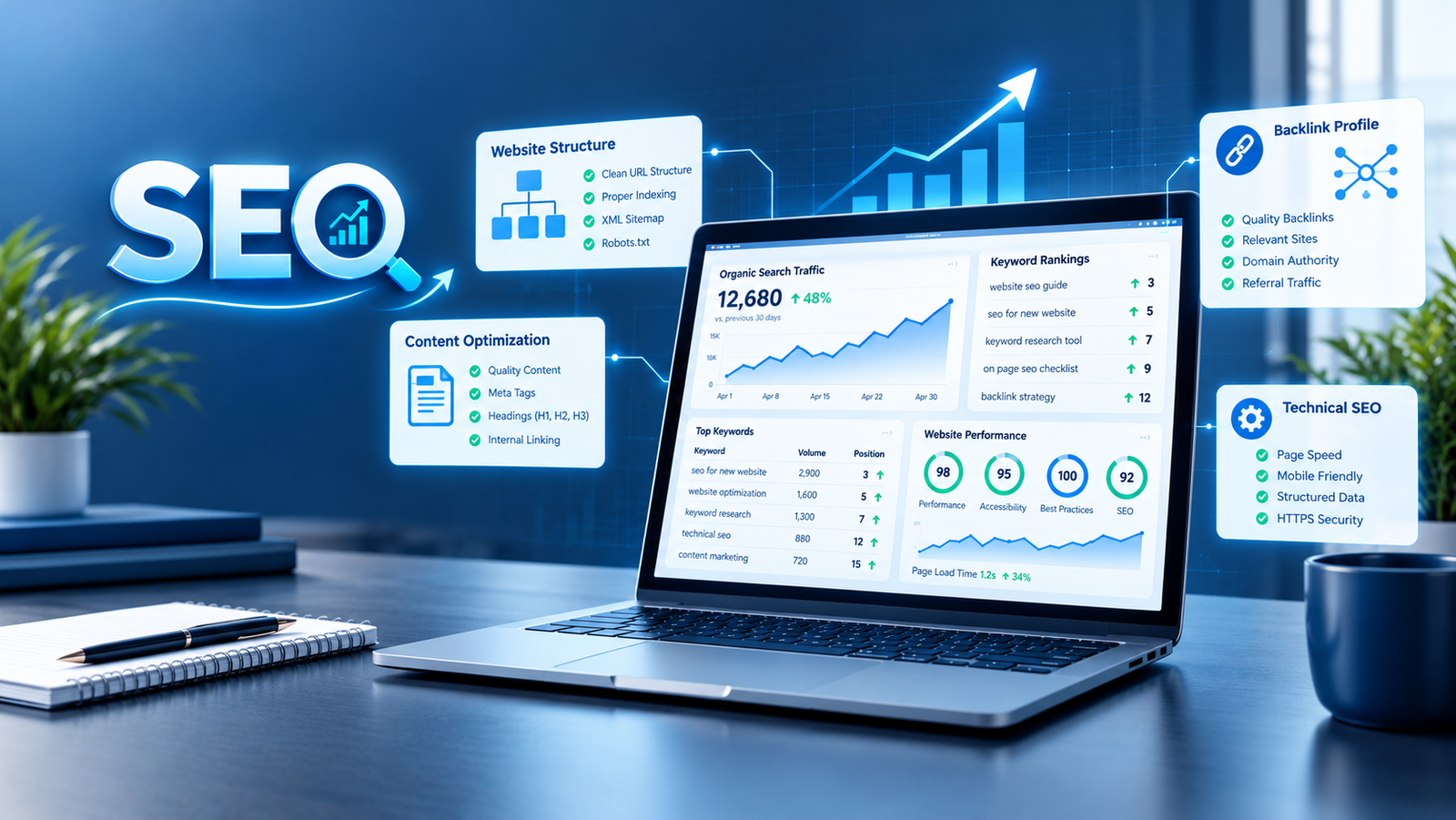 SEO for new website showing keyword research, search rankings, and website optimization