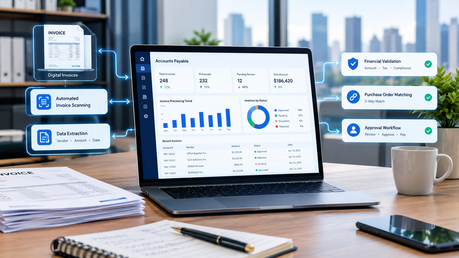 AI-powered automated invoice processing workflow showing invoice data extraction and digital approvals.